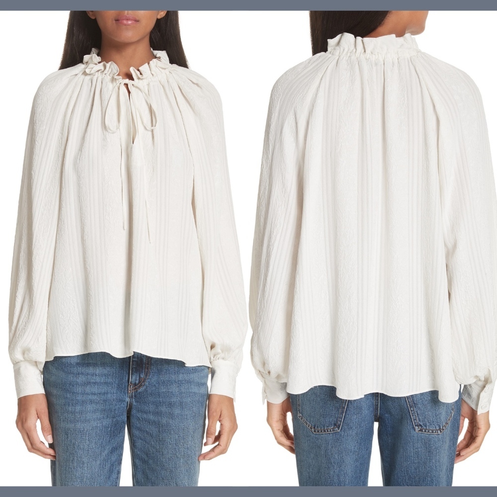 NEW CO‎ Tie Neck Silk Cloqué Jacquard Blouse Top in Ivory [SZ Large ]